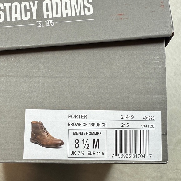 Stacy Adams Men\'s Porter Brown Leather Cap Toe Boots- Size 8.5 main image 7